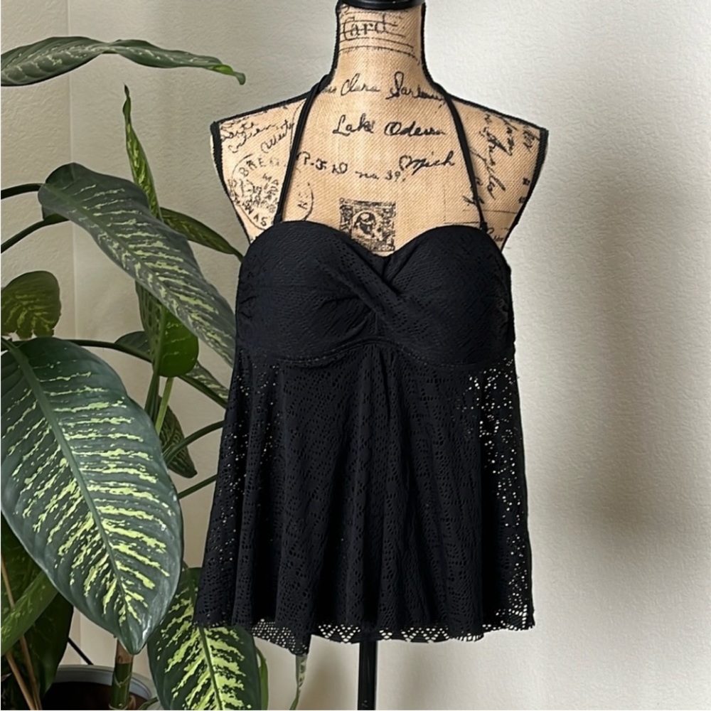 Kona Sol Women’s Crochet Flyaway Tankini Swim Top Black